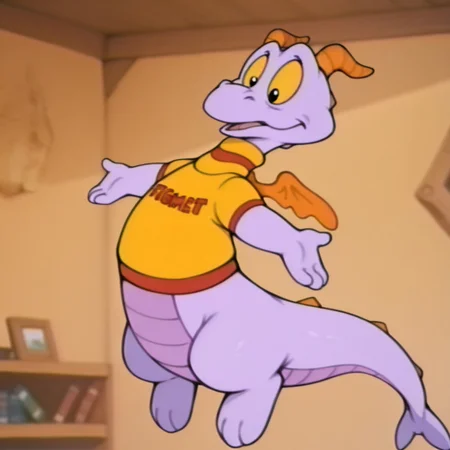 masterpiece, best quality, amazing quality, Figmentdrgnil, semi-anthro, dragon, purple skin, black eyes, yellow sclera, orange horns, orange wings, yellow shirt with red trim,  floating, inside, solo