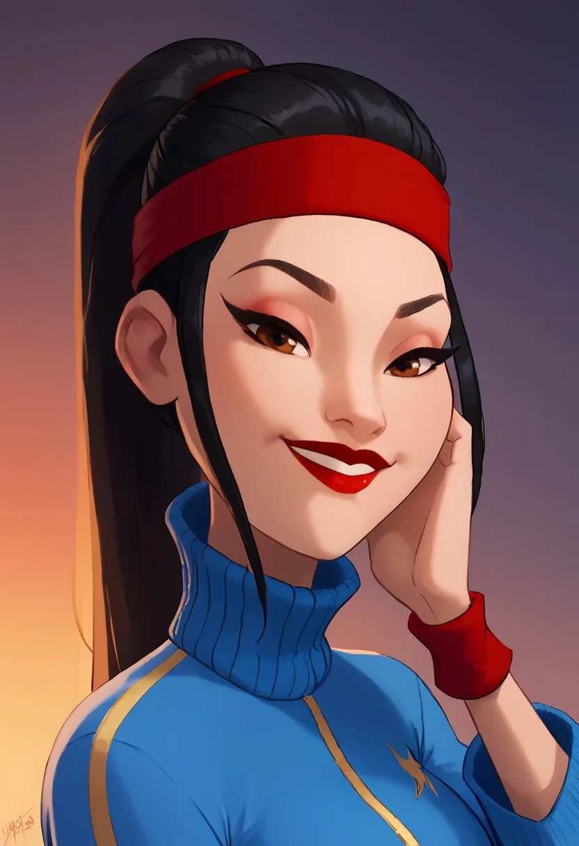 score_9, score_8_up, score_7_up, ultra quality, solo, 1girl, chang'e_tt, 1girl, asian, high ponytail (black hair, red headband), big eyelashes, brown eyes, makeup, red eyeshadow, red lipstick, red nails, red wristbands, blue track jacket (turtleneck, wide sleeves), light blue spandex, smug smile, big hips, big butt, bubble butt, breasts, narrow waist, curvy, score_9, score_8_up, score_7_up, score_6_up, looking at the viewer, standing, close up, face focus, aeolus06