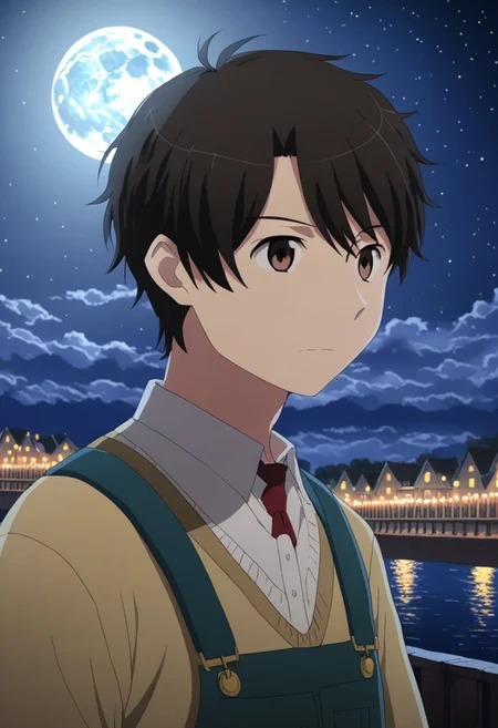high resolution, solo, best quality, 1Boy, Inaho Kaizuka, Black Hair, Brown Eyes, depth of field, moon, fantastic night, dreamlike, midle of bridge, OverallDetail