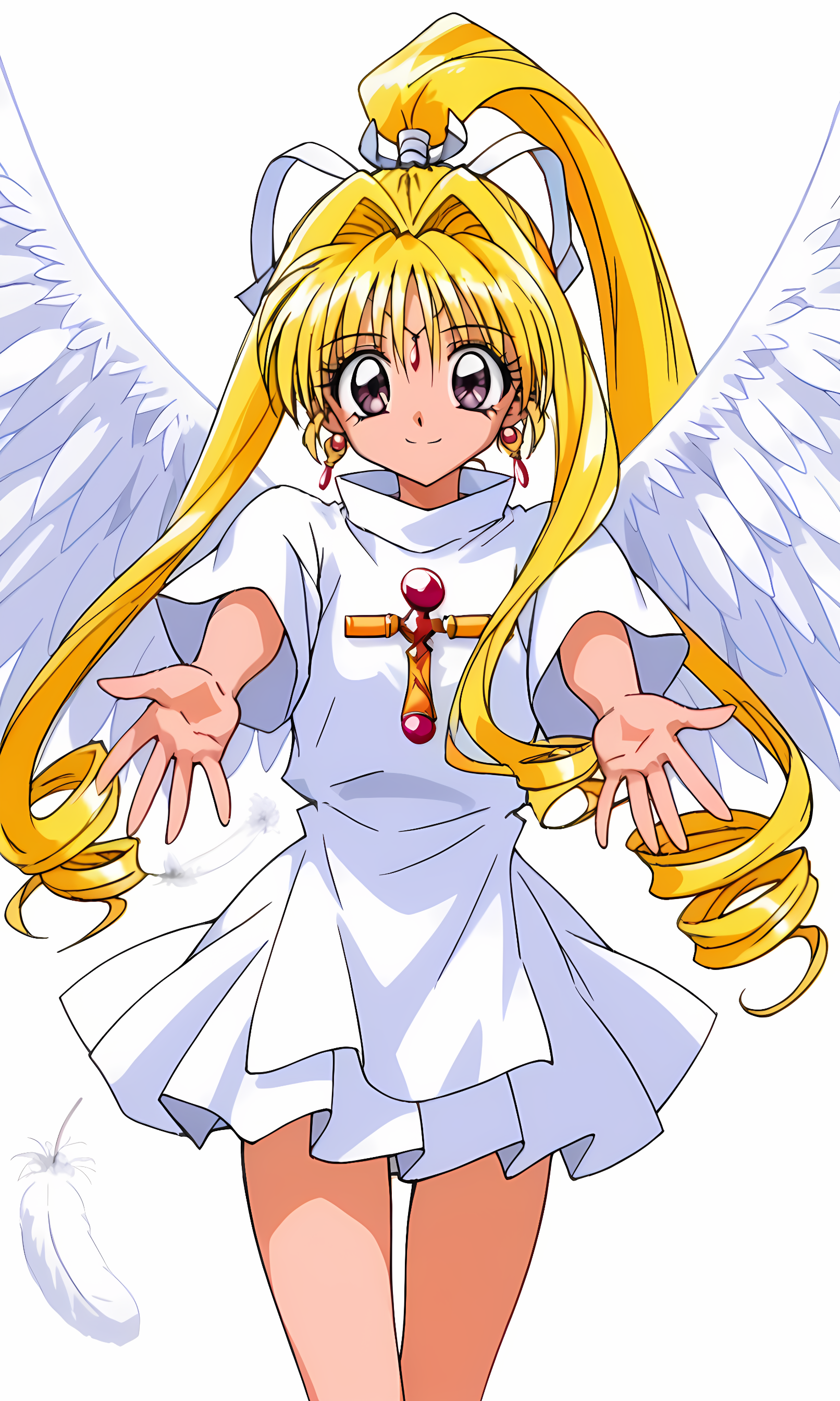 8k, best quality, solo, cute, score_9, score_8_up, score_7_up, 90s anime, masterpiece, source_anime, KKJs2, artist A style, purple eyes, forehead jewelry, blonde hair, very long hair, hair intakes with drill long sidelocks, one high drill ponytail at the back, white hair ribbon, earrings, (plain white outfit:1.3), (folded standing collar:1.2), white collar, (no shoulder decorations, no red ribbon decorations on shoulders:1.3), Loose waist, no red and yellow sash, no red rope with tassels, no large yellow bow, white side slit and long shirt tail, white short sleeves, no red accents on white short sleeves, no short red inner sleeves, cross ornament on chest, bare hands, white layered miniskirt, bare legs, cowboy shot, feathered wings, white wings, feathers, midair, smile, reaching hands towards viewer