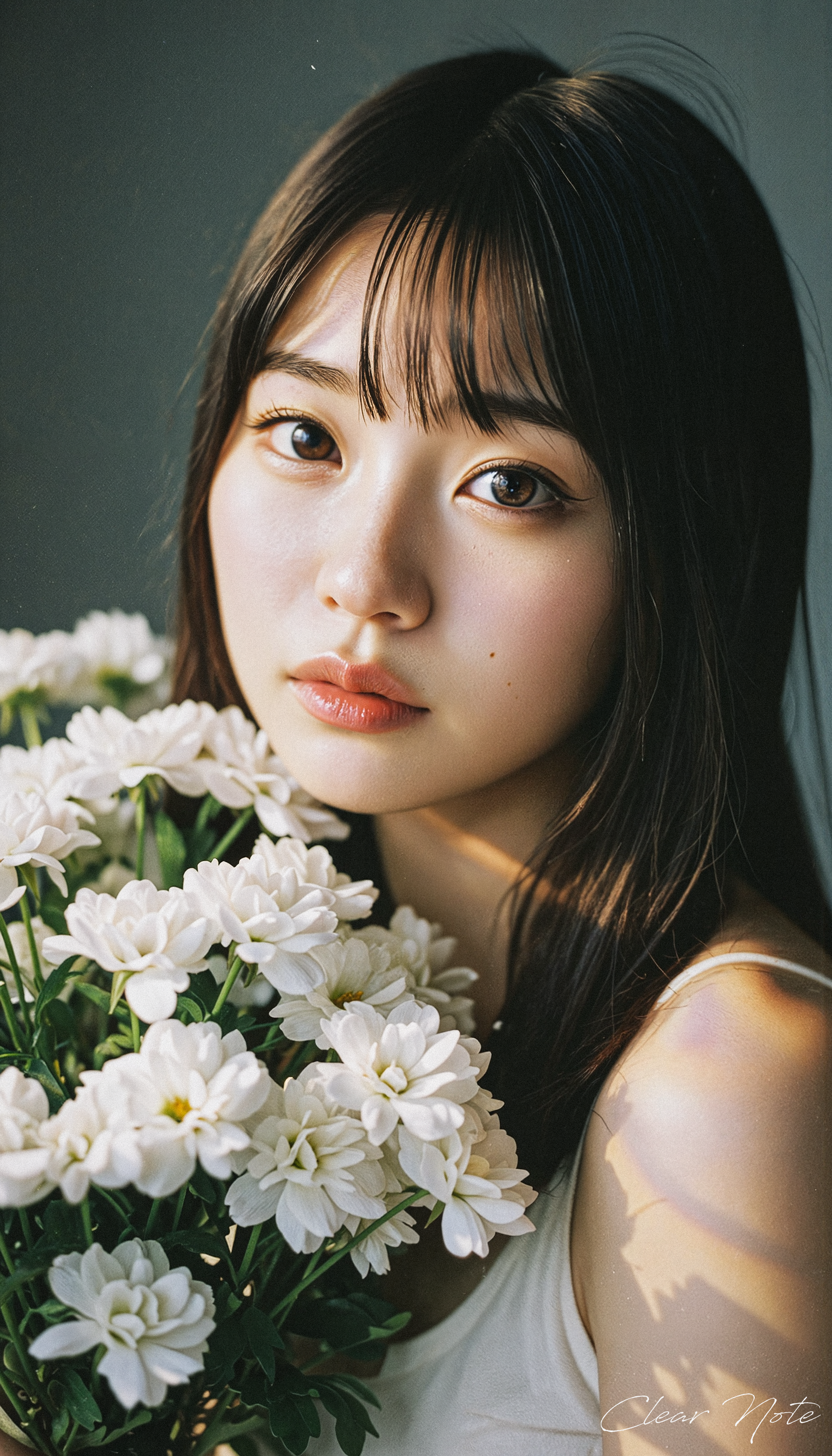Japanese Culture Style, Emotional Photos, 35mm film, cute Japanese woman, Model pose, white flowers, Chiaroscuro, Rainbow light, Light Brown Eyes