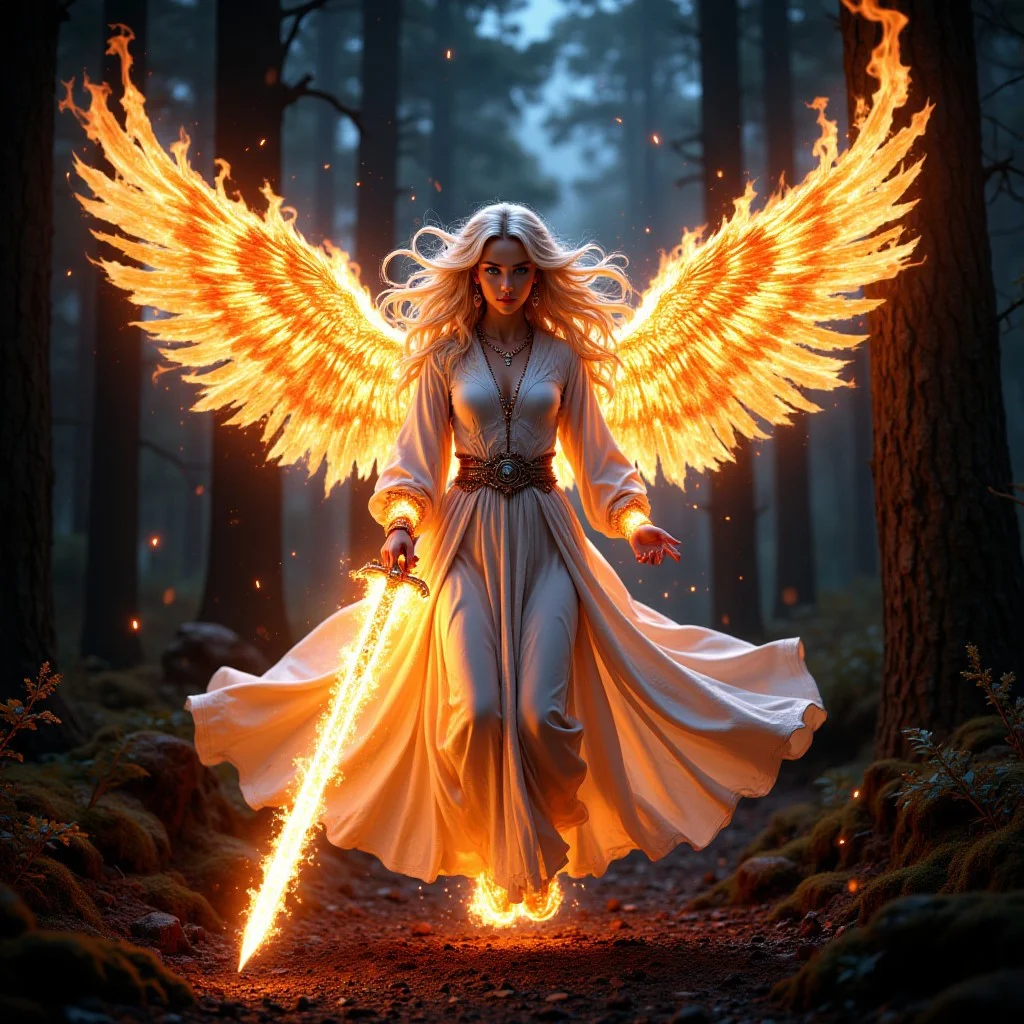 mythp0rt, ((beautiful woman, pale skin, blue eyes, white wavy super long hair (floating), a Jedfrsw fire (hair), face visible, facing front, looking at viewer, wearing a Jedfrsw fire (white long gown)), she is floating in mid air while her gown is burning, embers float around her, under a mystical starry night, a Jedfrsw fire (wings) spread wide, holding a Jedfrsw fire (long glowing knight sword) on her side hand, mystical forest atmosphere,