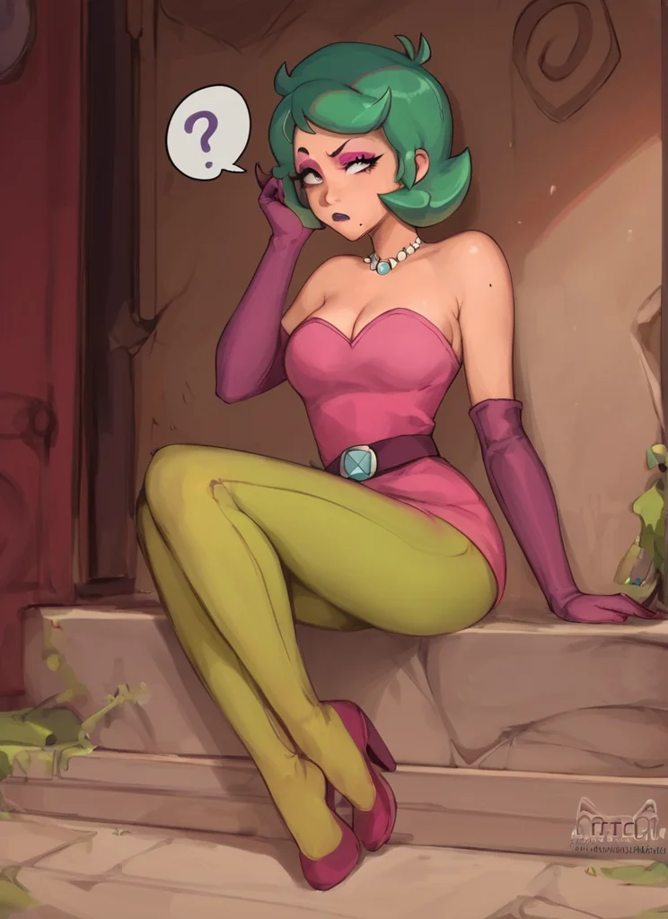 score_9, score_8_up, score_7_up,   <lora:bslola:1> bslola 1 girl ,short hair  , bslola ,green hair  , pink dress    eyeshadow ,mole under mouth ,  cleavage    ,bare shoulders  , Green Tights  ,short dress,  Elbow Gloves , solo  , strapless dress , lipstick,   ,belt  ,  cleavage, bare shoulders  , Bow on the back    , full body,   looking at viewer,   confused,  full body,       ,Green Tights <lora:Kittew-4RCH0N:1>4RCH0N