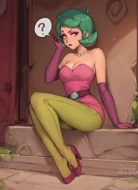 score_9, score_8_up, score_7_up, <lora:bslola:1> bslola 1 girl ,short hair , bslola ,green hair , pink dress eyeshadow ,mole under mouth , cleavage ,bare shoulders , Green Tights ,short dress, Elbow Gloves , solo , strapless dress , lipstick, ,belt , cleavage, bare shoulders , Bow on the back , full body, looking at viewer, confused, full body, ,Green Tights <lora:Kittew-4RCH0N:1>4RCH0N