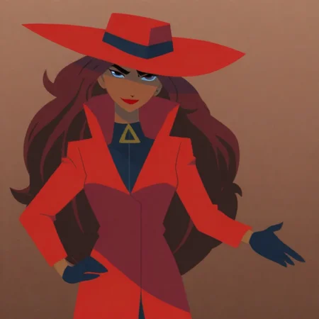 vector artstyle, flat color, c4rmn19, long hair, brown hair,dark skin,red hat, black gloves, red coat, lipstick, hand on hip, smirk