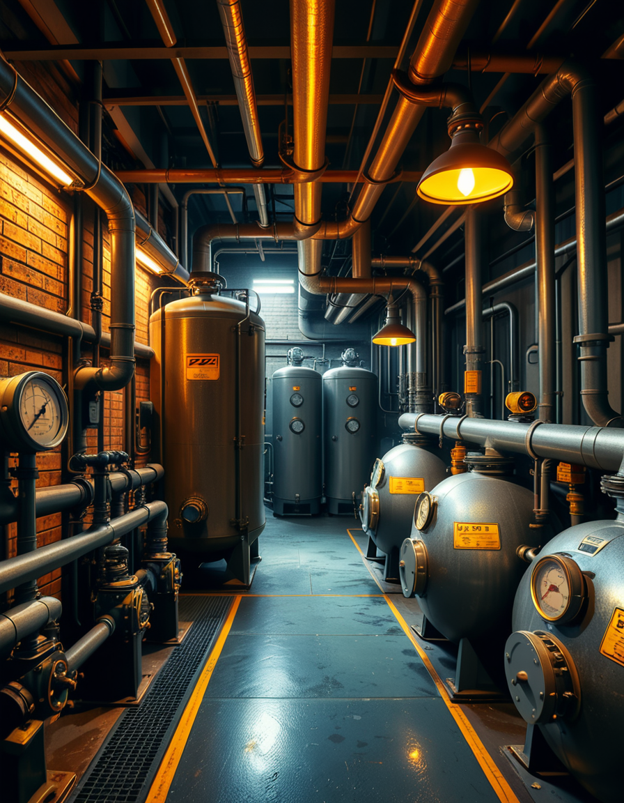 A highly detailed and realistic photograph of an industrial boiler room filled with large metal boilers, complex pipe systems, and pressure gauges. The room is dimly lit with a mix of warm yellow lighting from overhead industrial lamps and cool blue reflections from metallic surfaces. The air is slightly hazy with steam escaping from some of the pipes. The floor is made of reinforced concrete with visible stains from oil and water. Various control panels with blinking LED indicators and warning signs are mounted on the walls. The atmosphere is rugged and mechanical, evoking a sense of power and industrial efficiency. The depth of field is sharp, capturing intricate details such as rust on old pipes, the texture of the metal surfaces, and the labels on the control panels. The composition emphasizes symmetry, with pipes and machinery creating a structured, almost futuristic aesthetic. 
<lora:SDXLFaeTastic2400:0.4> <lora:extremely_detailed:0.4> extremely detailed,<lora:industrial_boiler_room:1>,industrial b01l3r r00m, Masterpiece,best quality,hi res,8k,hi res,8k,award winning,(sharp focus, intricate, highly detailed),