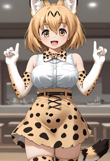 score_4,score_5,score_6,score_7_up,score_8_up,score_9
((masterpiece,best quality,ultra detailed,highres,HD,4k:1.2)),
(large breast,giant breast:1.2),1 cute girl,solo,
servalkemono,print legwear, print gloves, print bowtie, tail, sleeveless shirt, high-waist skirt, serval print,
smile,open mouth,