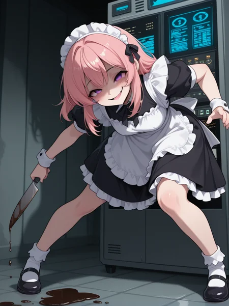 high quality, full body, <lora:CivChan:1> civchan, yandere, server, evil smile, holding knife, oil, lunging,