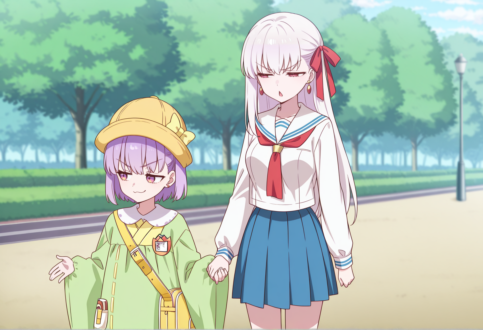 anime screencap, anime screenshot, anime coloring, 2girls, outdoors, park, holding hands, sisters, 1girl, short hair, purple hair, purple eyes, kindergarten uniform, yellow hat, bag, long sleeves, wide sleeves, upper body, walking, shrugging, smug, looking to the side <lora:Kazuradrop_Illus:1>
BREAK
anime screencap, anime screenshot, anime coloring, 2girls, outdoors, park, holding hands, sisters, 1girl, long hair, white hair, red eyes, hair ribbon, earrings, jewelry, serafuku, pleated skirt, cowboy shot, pointing at another, annoyed, half-closed eyes, chestnut mouth, medium breasts <lora:kama:1> height difference,, masterpiece, best quality, amazing quality, very aesthetic, absurdres, highres, newest