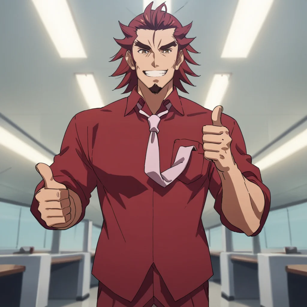 score_9, score_8_up, score_7_up, source_anime, rating_explicit, masterpiece, best quality, very aesthetic, cinematic lighting, genjuro, red shirt, large necktie, thumbs up, grin, office,