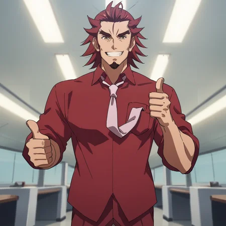 score_9, score_8_up, score_7_up, source_anime, rating_explicit, masterpiece, best quality, very aesthetic, cinematic lighting, genjuro, red shirt, large necktie, thumbs up, grin, office,