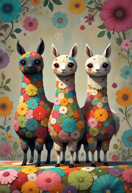 ppstorybook fantasy, Three different colored alpacas made out of patchwork fabric standing on a comfy patchwork blanket. They look very fluffy. Overall, the picture creates a feel-good atmosphere for the viewer. Embrace beautiful quilt art, a kaleidoscope of colors and patterns