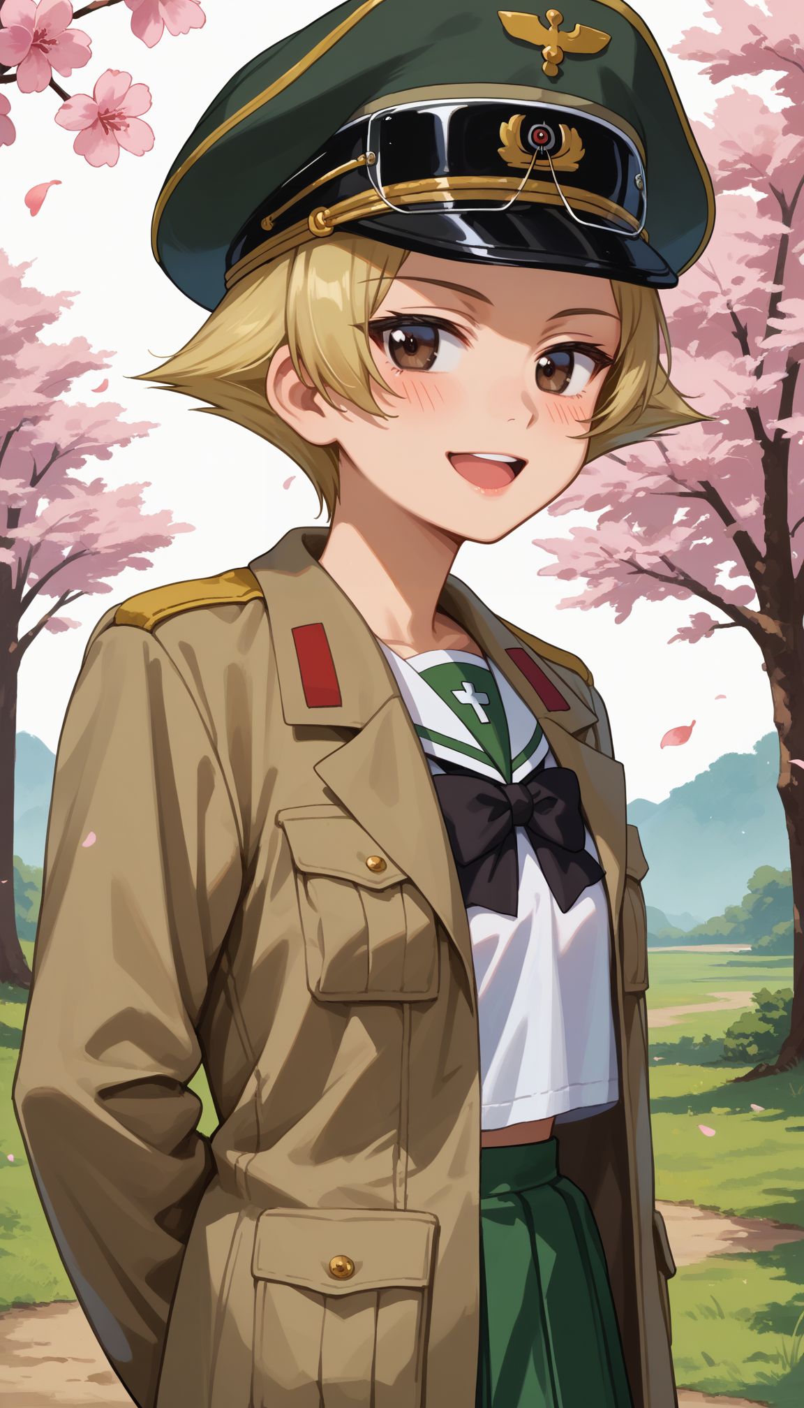 score_9, score_8_up, score_7_up, score_6_up, , solo, 20yo woman, (Beuty:1.1) , (cute:1.3), arms behind back, standing, outdoors, cherry blossom,
 <lora:GUPErwin:0.8> 1girl, erwin (girls und panzer), military hat, blonde hair, ooarai school uniform, short hair, blush, smile, black bow, open mouth, brown eyes, brown jacket, pointy hair, green headwear, ;d, upper body, long sleeves, serafuku, black bowtie, peaked cap, looking at viewer, open clothes, open jacket, military jacket, simple background, white background,, white shirt