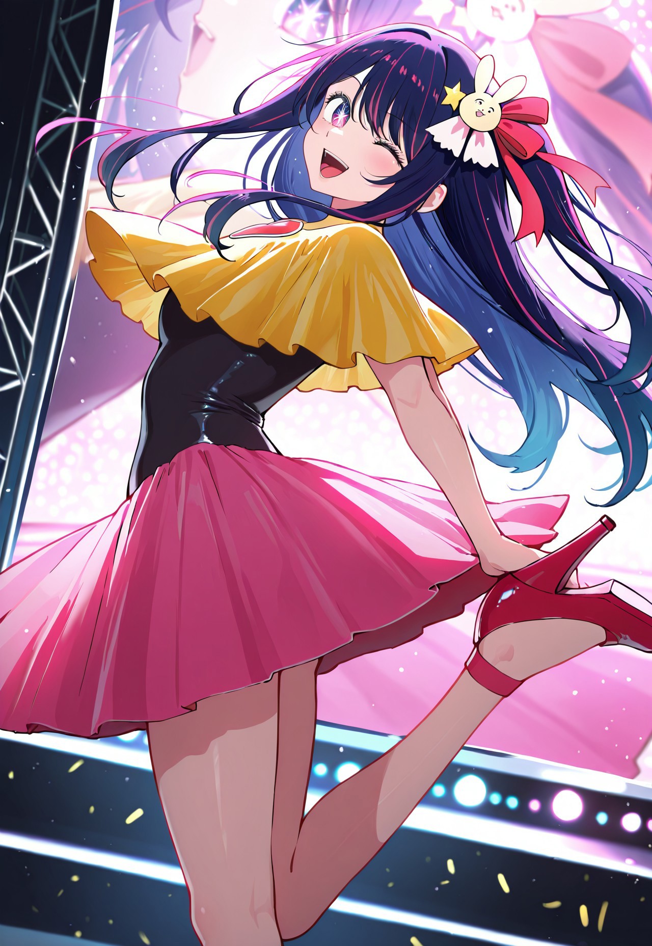 (masterpiece, best quality:1.3),1girl,

hoshino ai (oshi no ko),

standing on one leg, happy,open mouth,wink, looking at viewer, from side,

indoors,(stage costume:1.3) with (sequin reflections:1.2), (hair ribbons:1.1) fluttering mid-motion, (one ballet shoe:1.0) pointed elegantly, (audience glow sticks:0.8) blurred in background  