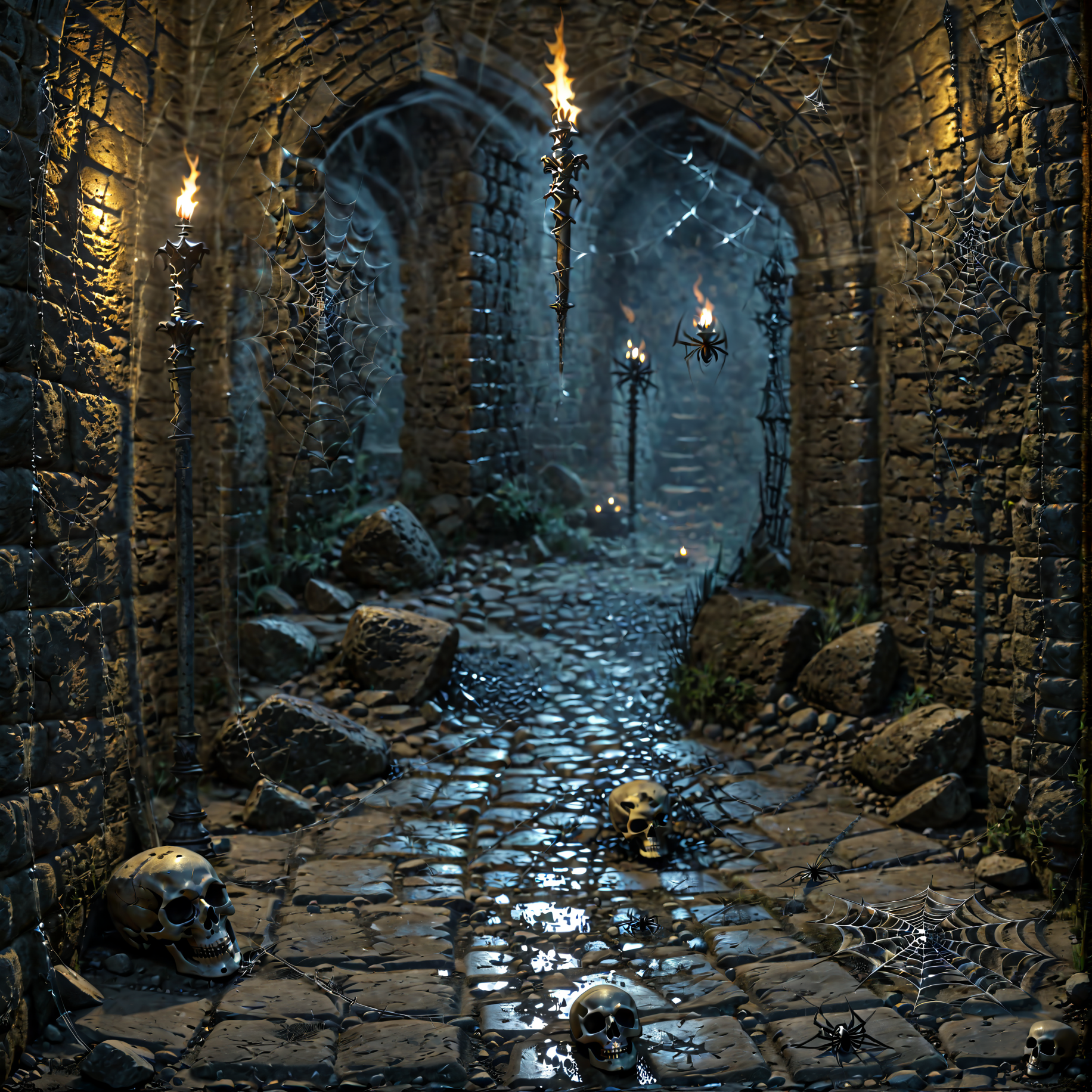 Horror-themed torch, arch, candle, outdoors, skull, ruins, spider web, <lora:The_Deep_Dark_Dungeon-SDXL:0.8>, deepdarkdungeon, best quality, masterpiece, 4k, uncensored, prefect lighting, rating_explicit, very aesthetic, detailed, <lora:add_details_xl:0.6>, very detailed, <lora:SDXLHighDetail_v5:0.6> . Eerie, unsettling, dark, spooky, suspenseful, grim, highly detailed