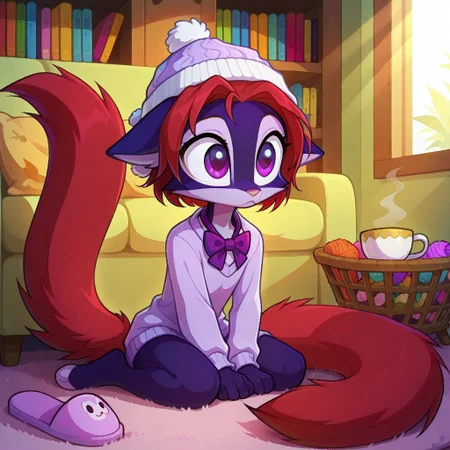 Dreamkeepers,Indi_and_Digo,1girl,solo,furry,tail,source_furry,,red hair,purple fur, purple eyes,
child, kid,
Dressing a Cat in a Tiny Hat,
cat, knitted_hat, bowtie, cushion, living_room, sunlight, yarn, basket, slippers, teacup, bookshelf, ribbon ,
a cozy living room bathed in warm sunlight. You gently place a tiny knitted hat on your cat’s head, its ears twitching under the yarn. A bowtie hangs loosely around its neck as it sits on a cushion, blinking at you with mild confusion. Slippers shuffle nearby, a teacup steams on the bookshelf, and the cat’s regal, slightly puzzled look is pure cuteness
