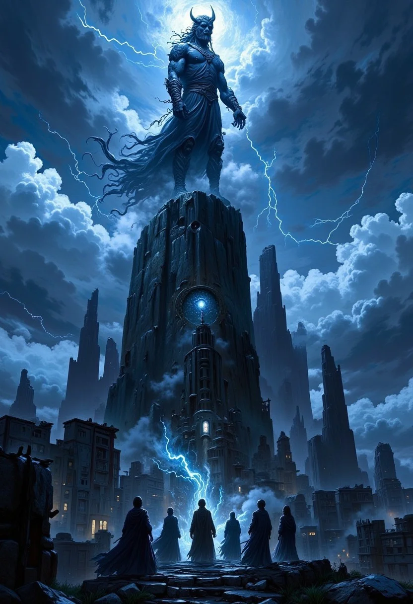 3pic_vist4, Haunting dark fantasy illustration of an ancient, twisted statue standing atop a steep cliff, overseeing a decaying metropolis shrouded in mist. The sky churns with ominous clouds and flashes of lightning, casting stark shadows across the landscape. Mysterious figures clad in flowing cloaks gather around the statue during a midnight ritual, their faces obscured, while ghostly wisps and ethereal lights dance in the air, hinting at forgotten lore and lost secrets.aidmaimageupgrader,Midjourney_Whisper,aidmaMJ6.1