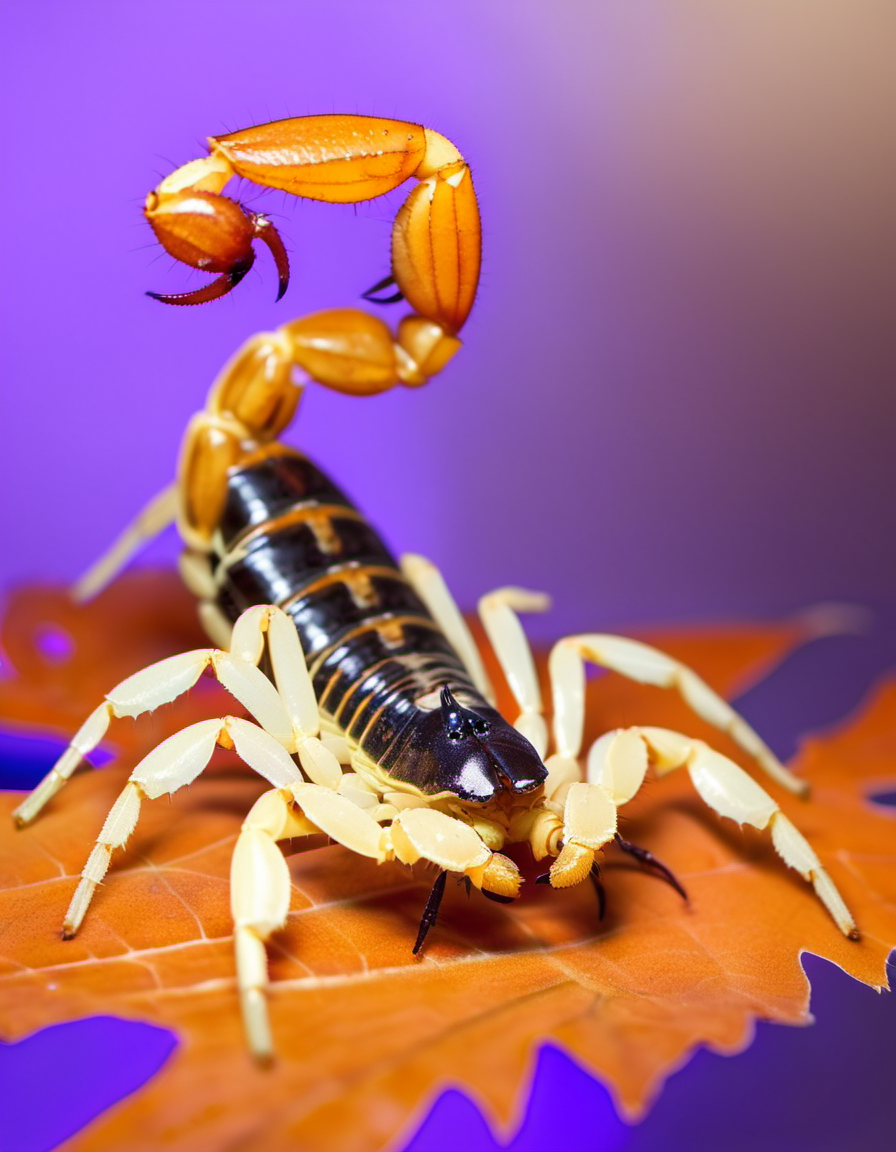(Realistic:1.5) EdobScorpion, monster, white background, tail, photo background, military, on side, blurry background, leaf, knight, orange theme, purple theme, <lora:EdobScorpionPhotoReal_XL_v1.0:0.8>