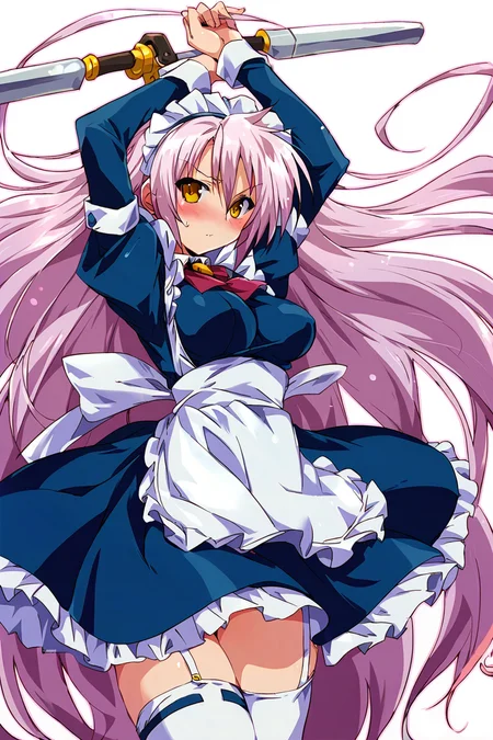 score_9,score_8,<lora:Komatsu_Eiji_Pony_V2:0.9>,cal ruslan,1girl,weapon,solo,thighhighs,maid,long hair,yellow eyes,breasts,medium breasts,very long hair,holding,arms up,blush,