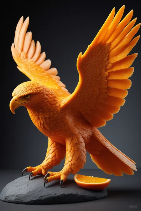 high quality,masterpiece,ultra-high resolution,incredible composition,extremely detailed, <lora:Orange_Peel:0.7>, A soaring eagle sculpted from orange peel, its wings spread with textured citrus patterns. Beak and talons shine with peelâs gloss. Ultra-high resolution macro, highlighting intricate details. Background: slate gray backdrop, cool light, orange slices, and feathers for a dynamic food photography scene.