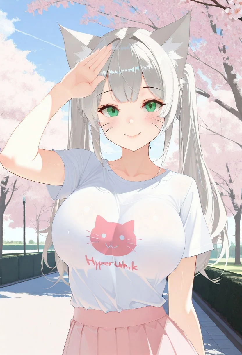 (masterwork,  masterpiece, best quality, hyper-detailed, 8k uhd::1.4), cat girl, twintails, whisker markings, green eyes, breasts, pink skirt, print_shirt, t-shirt, standing, cute pose, smile, looking at the viewer, in the park, white cherry tree, sky, clouds, sun light