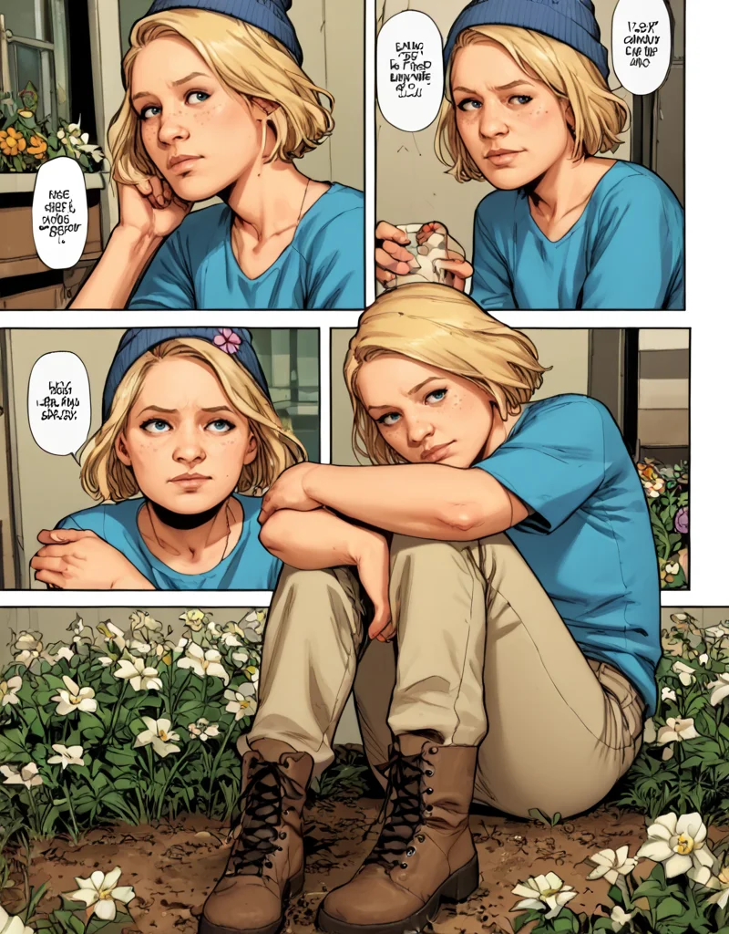 <lora:TWD_Comics_Sophia_Grimes:1> score_9, score_8_up, score_7_up, Sophia-Grimes, TWD-Comics, 1girl, solo, short hair, beanie, blonde hair, sitting, blue shirt, flower, shoes, boots, khaki pants <lora:FComic_HardCore_Pony_V1:1> (comic:1.4)
