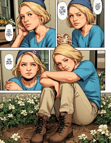 <lora:TWD_Comics_Sophia_Grimes:1> score_9, score_8_up, score_7_up, Sophia-Grimes, TWD-Comics, 1girl, solo, short hair, beanie, blonde hair, sitting, blue shirt, flower, shoes, boots, khaki pants <lora:FComic_HardCore_Pony_V1:1> (comic:1.4)