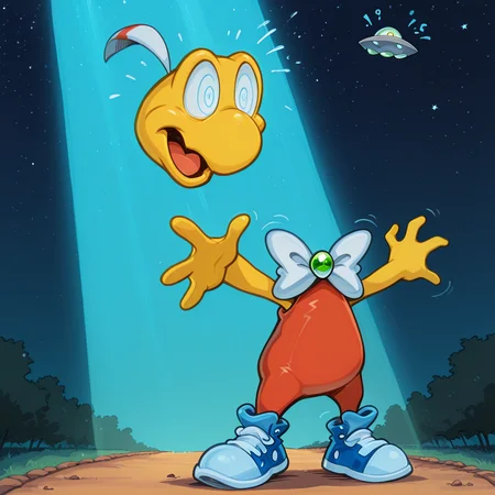 score_9, score_8_up, score_7_up, score_6_up,masterpiece,highly detailed,simple colors,ufo,outdoors,light beam,night,starry sky,dheaddy,BREAK,(dheadless,1boy,body focus,yellow skin,headless,standing,path,arms up,arms reaching up,hands grabbing up,red bodysuit,sleeveless,big white bowtie,green brooch,blue sneakers),BREAK,(dhead,floating head,under ufo,shocked expression,open mouth,blue eyes,@_@,yellow skin,feather)