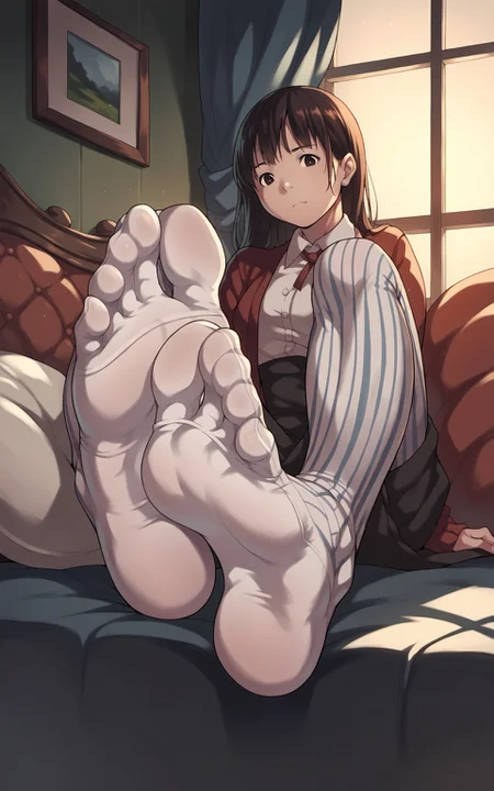 score_9,score_8_up,score_7_up,score_6_up,score_5_up,score_4_up,(source_anime),1girl,legwear,soles,feet,l_u style,<lora:l_u_pony-000008:1>,vertical striped legwear,