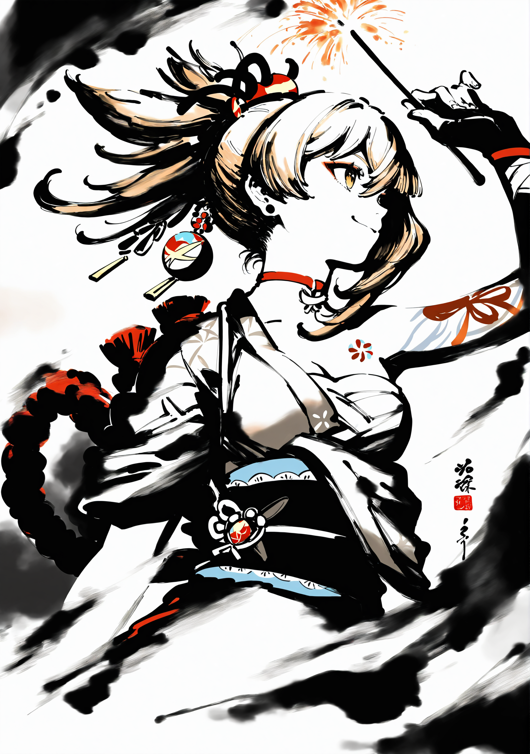 masterpiece,best quality,<lora:yi-noob:1>,ink wash painting,
yoimiya \(genshin impact\),1girl,solo,monochrome,japanese clothes,sash,jewelry,obi,earrings,gloves,kimono,ponytail,holding fireworks,upper body,arm up,white background,elbow gloves,spot color,simple background,closed mouth,long sleeves,long hair,smile,bare shoulders,shoulder tattoo,