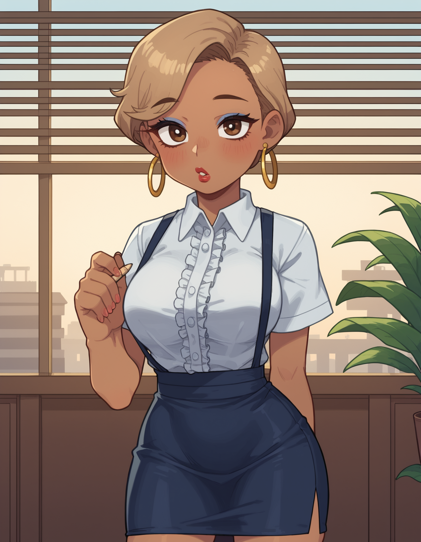 zPDXL, score_9, score_8_up, score_7_up, source_anime,
1girl, solo, (supermodel office secretary) young woman, south african, dark skin, light brown eyes, curvy build, short hazel  hair,  wearing a soft grey  tailored vest over a blouse, pencil skirt, classic pumps, minimalist ring set,simple hoop earrings, lipgloss,subtle eyeshadow, set in a spacious conference room with floor-to-ceiling windows, offering natural light and a panoramic view, creating an inspiring setting for meetings, at sunset,  <lora:PossumMachine_v2:0.8> possmach