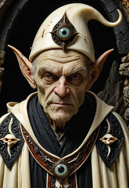 1male, goblin, grumpy, wrinkles, old, (bloodshot eyes, dilated pupil:1.2), (adult:1.3), safe,
pointy hat, wizard, sage, small,
cave background, depth of field, face focus, dramatic lighting, detailed shadows, dark theme,
robe made out of, ebony, ivory, scrimshaw, bone carving,
<lora:Ebony_and_Ivory_Scrimshaw_style_-_SDXL:1>, masterpiece, best_quality, amazing_quality, very_aesthetic, 8k, high_quality, highres, absurdres, subject_focus,