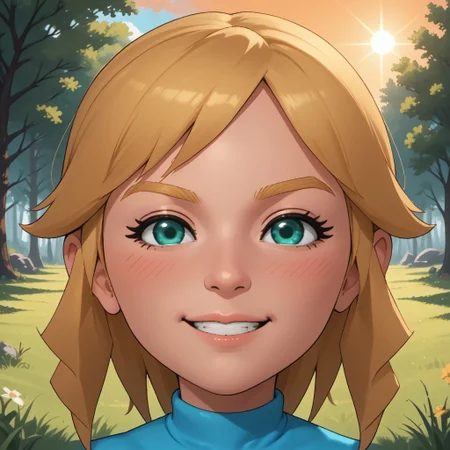 score_9, score_8, BREAK, solo, wii, mii, wii sports, 1girl, female mii, green eyes, blonde hair, blonde eyebrows, blush, cyan clothing, white pants, shoes, nintendo mii, modern_mii, classic_mii, breasts, olga_(wii_sports), cute, sexy pose, self portrait, smile, outdoors, sunlight, shadows, evening lighting, natural lighting, forest, trees, grass, orange sky, sunset