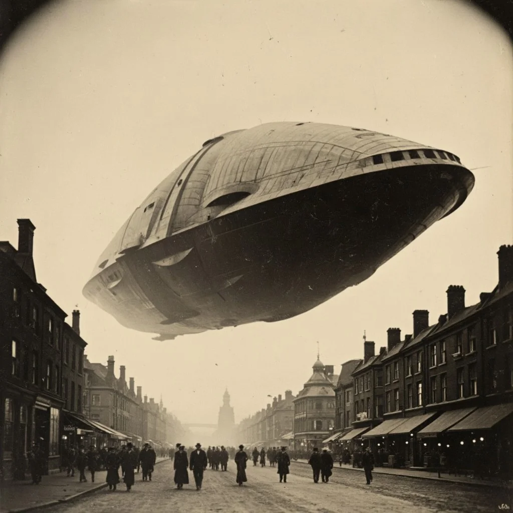 01dPh0t0 dark, shadow, distorted, grainy, film grain, Victorian, An aged worn sepia monochrome 1800s photograph of an (enormous and intricately detailed high-tech science fiction alien spacecraft)2, angular, (anachronistic)3, hovering over 1890s London, low angle looking up, ominous, looming, massive sense of scale, nervous people on the streets looking upward