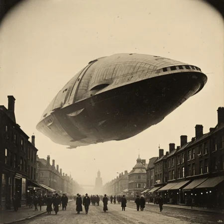01dPh0t0 dark, shadow, distorted, grainy, film grain, Victorian, An aged worn sepia monochrome 1800s photograph of an (enormous and intricately detailed high-tech science fiction alien spacecraft)2, angular, (anachronistic)3, hovering over 1890s London, low angle looking up, ominous, looming, massive sense of scale, nervous people on the streets looking upward