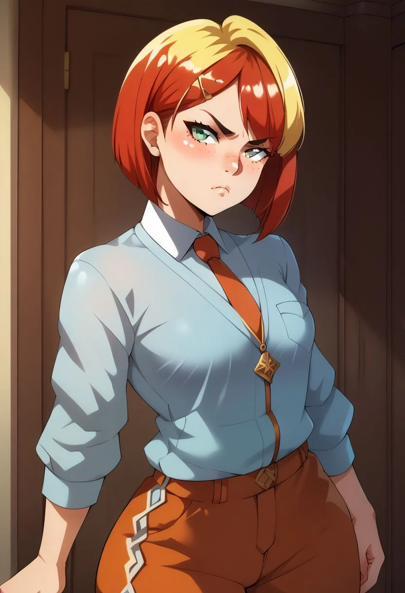 score_9, score_8_up, score_7_up, source anime, anime, animification,(hara_(harayutaka):0.6), shiny skin, skindentation, deep skin, high quality, highres, 1girl, solo, curvy, petite, small breasts, red hair, yellow hair, two-tone hair, short hair, bobcut, green eyes, Face freckles, pout, tsundere