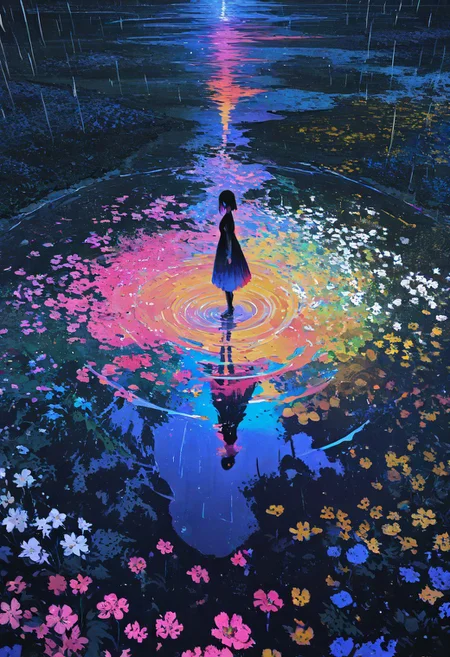 masterpiece, best quality, good quality, very awa, newest, highres, absurdres, 1girl, solo, dress, standing, flower, outdoors, water, white flower, pink flower, scenery, reflection, rain, dark, ripples, yellow flower, puddle, colorful, abstract, standing on liquidi¼
very Wide Shot, limited palette,