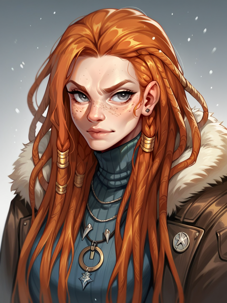 score_9, score_8_up, score_7_up, score_6_up, score_5_up, score_4_up,  <lora:b4rb4r14nXLP:0.5> b4rb4r14n, ginger hair, fur, leather, dreadlocks, snow