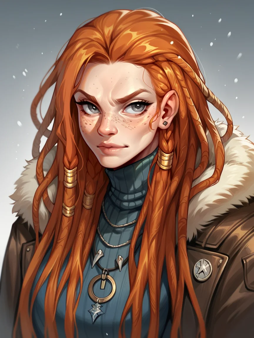 score_9, score_8_up, score_7_up, score_6_up, score_5_up, score_4_up, <lora:b4rb4r14nXLP:0.5> b4rb4r14n, ginger hair, fur, leather, dreadlocks, snow