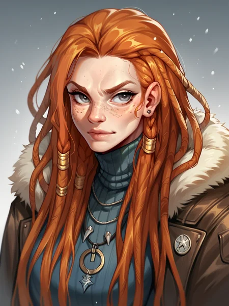 score_9, score_8_up, score_7_up, score_6_up, score_5_up, score_4_up, <lora:b4rb4r14nXLP:0.5> b4rb4r14n, ginger hair, fur, leather, dreadlocks, snow