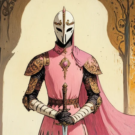 <lora:Pastel_ReverieSDXL:1> ArsMJStyle, Pastel Reverie, The image shows a painting of a man in a pink dress holding a sword with a mask covering his face., weapon, sword, armor, solo, holding, holding weapon, 1boy, holding sword, helmet, male focus