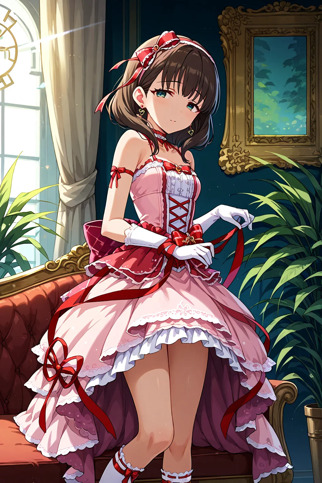 score_9, score_8_up, score_7_up, source_anime,,beautiful color,amazing quality,rating_explicit , intricate details, anime screencap, official style,idolsakuma, 1girl, solo, dress, jewelry, gloves, earrings,ribbon, hairband, looking at viewer, pink dress,bare shoulders, bow, heart, white gloves, choker, red ribbon, hair ribbon,socks <lora:idolsakuma:1>