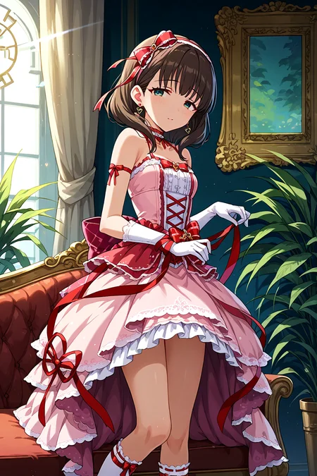 score_9, score_8_up, score_7_up, source_anime,,beautiful color,amazing quality,rating_explicit , intricate details, anime screencap, official style,idolsakuma, 1girl, solo, dress, jewelry, gloves, earrings,ribbon, hairband, looking at viewer, pink dress,bare shoulders, bow, heart, white gloves, choker, red ribbon, hair ribbon,socks <lora:idolsakuma:1>