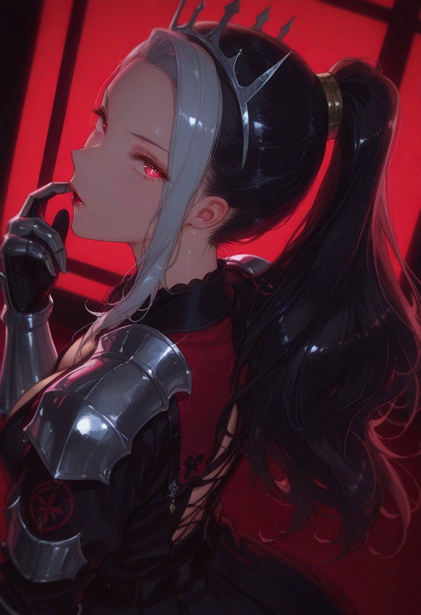 1girl, solo, ikka_sumeragi, black_hair, white_hair, ponytail, multicolored_hair, 
, long_hair, red_eyes, armor, red_theme, crown, red_background, dress, red_lips, black_dress, gauntlets, looking_at_viewer, shoulder_armor,
HDR, 8K, high contrast,Smooth Quality , masterpiece, best quality, amazing quality, very aesthetic, high resolution, ultra-detailed, absurdres, photorealistic, volumetric lighting, dramatic shadows, cinematic lighting, newest, scenery, holographic colors,high contrast color,illustration, perfect composition,perspective, intricate details, , incredibly absurdres,  cute, gradient colors,  BREAK ,nsfw, ambient occlusion, raytracing, soft lighting, blum effect, absolutely eye-catching,high gamut colors,  glow, shining, intricate cinematic background, (beautiful face),BREAK  highly detailed,BREAK,photo realistic,Dutch angle,BREAK,
nsfw, usnr, 748cmstyle,dark background,shiny skin,
BREAK,beautiful eyes, big eyes, detailed eyes, detailed pupils, perfect body, (reflective eyes),