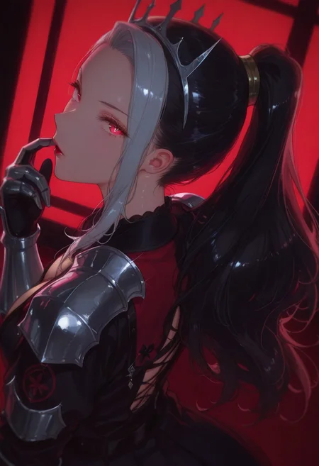1girl, solo, ikka_sumeragi, black_hair, white_hair, ponytail, multicolored_hair, 
, long_hair, red_eyes, armor, red_theme, crown, red_background, dress, red_lips, black_dress, gauntlets, looking_at_viewer, shoulder_armor,
HDR, 8K, high contrast,Smooth Quality , masterpiece, best quality, amazing quality, very aesthetic, high resolution, ultra-detailed, absurdres, photorealistic, volumetric lighting, dramatic shadows, cinematic lighting, newest, scenery, holographic colors,high contrast color,illustration, perfect composition,perspective, intricate details, , incredibly absurdres,  cute, gradient colors,  BREAK ,nsfw, ambient occlusion, raytracing, soft lighting, blum effect, absolutely eye-catching,high gamut colors,  glow, shining, intricate cinematic background, (beautiful face),BREAK  highly detailed,BREAK,photo realistic,Dutch angle,BREAK,
nsfw, usnr, 748cmstyle,dark background,shiny skin,
BREAK,beautiful eyes, big eyes, detailed eyes, detailed pupils, perfect body, (reflective eyes),