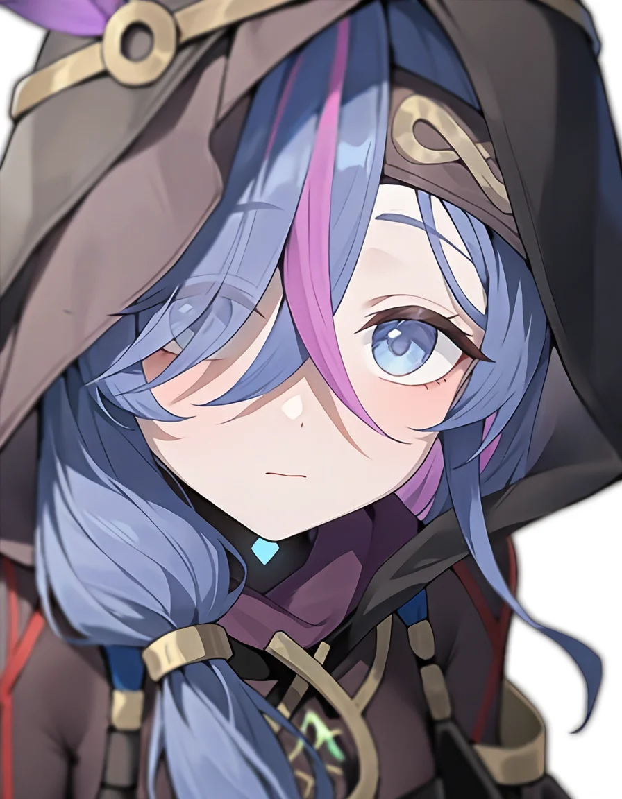 white background,simple background,looking at viewer,bust,
<lora:xingyi_noob:0.8>,xingyi,1girl,solo,blue hair,blue eyes,multicolored hair,streaked hair,eyes visible through hair,long hair,bangs,hair over one eye,purple hair,pink hair,feathers,hood,
masterpiece,best quality,very aesthetic,absurdres,