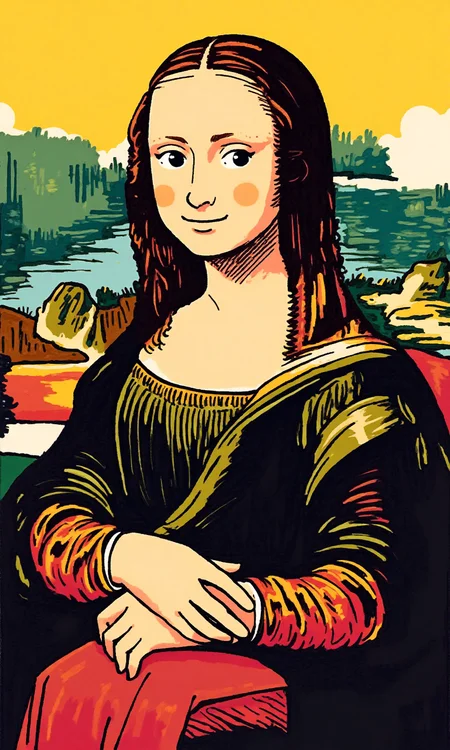 Illustration of Mona Lisa <lora:flux-test\flux.1_lora_flyway_simple-illustration.safetensors:1.1:1.1>