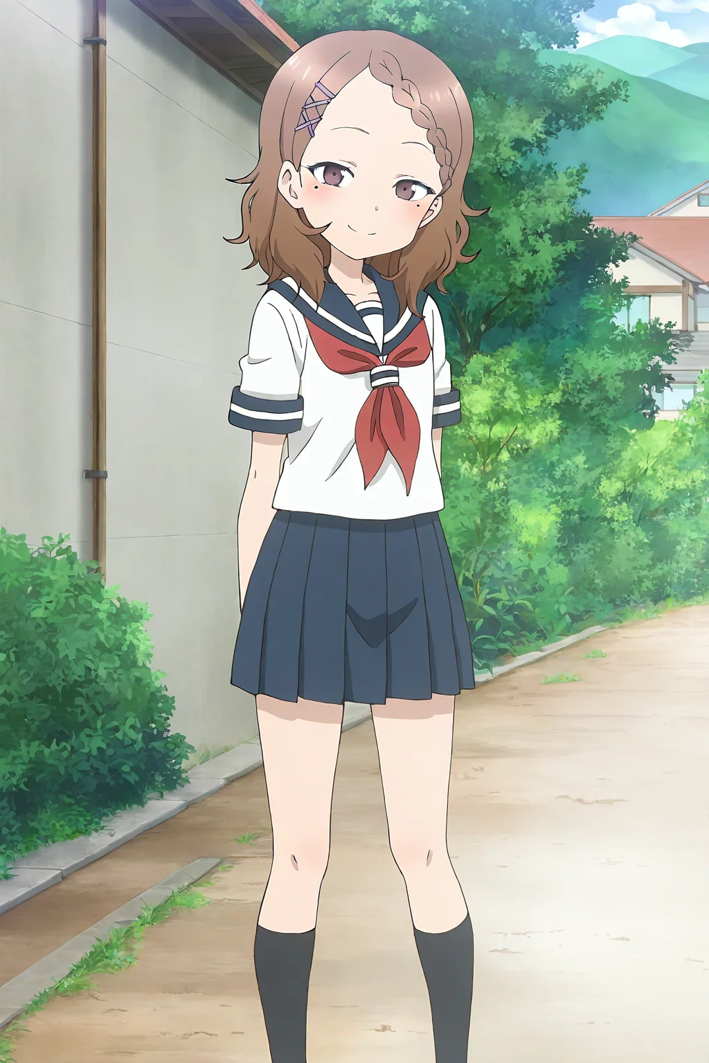 masterpiece,best quality,good quality,rating safe,outdoor, <lora:houjou-ill_narcissu:1>, 1girl,solo,houjou, houjou_(takagi-san),brown hair, hairclip, school uniform, mole, mole under eye, braid, serafuku, x hair ornament, medium hair, brown eyes, braided bangs, skirt, blue skirt, serafuku, red neckrchief, short sleeves, blue sailor collar,black socks,anime screencap, standing,smile,looking at viewer