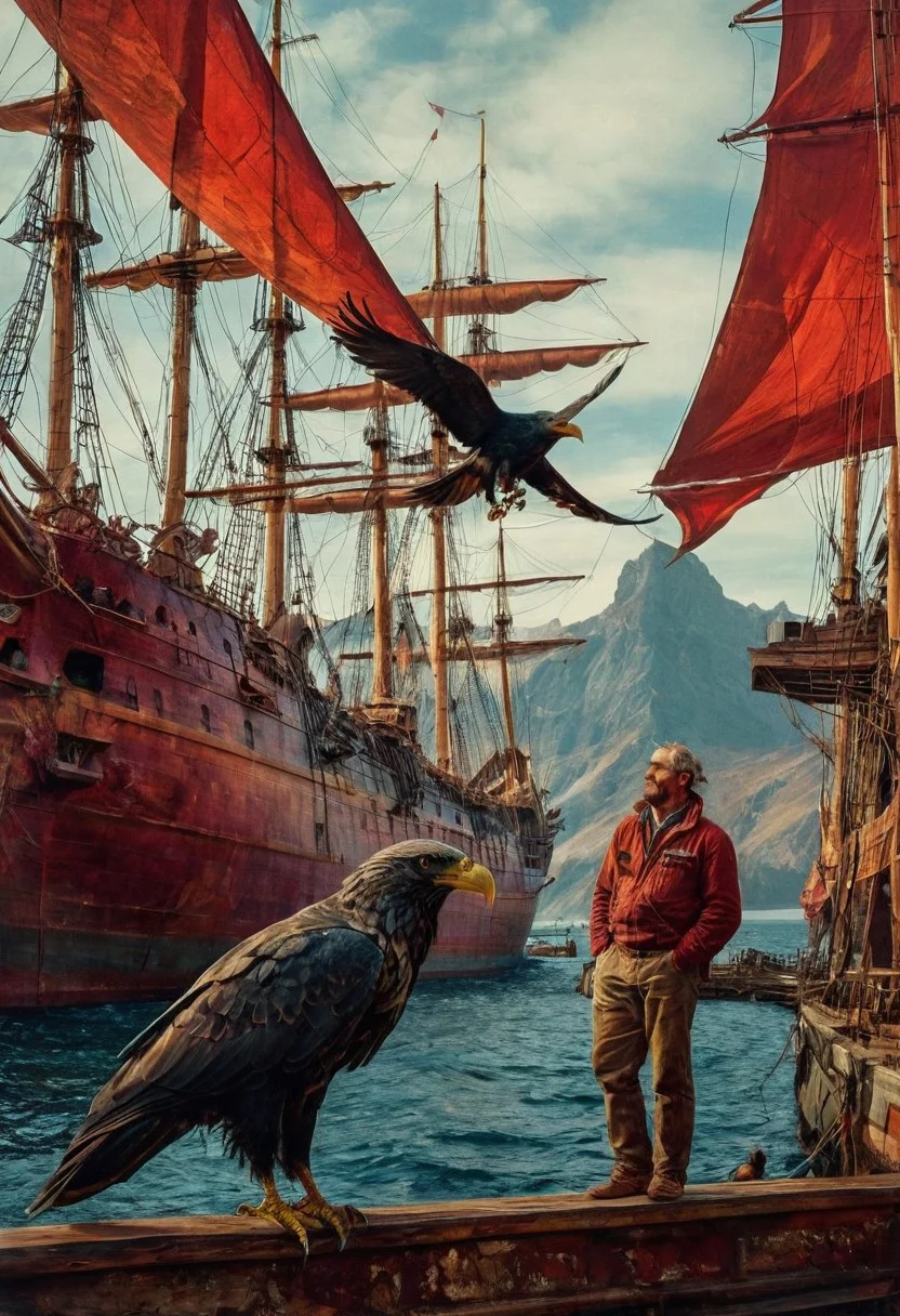 A lone figure, races mingling, and towering masted ships. A bold color palette of rich reds, Ernest hemingway and an eagle, environment map, abstract raven portrait, intricate stunning highly detailed, abstract, fantastical, film photography style, light grain, ,Heather Theurer