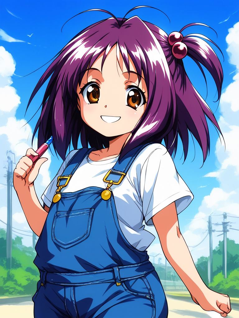 score_9, score_8_up, score_7_up, source_anime, rating_explicit, BREAK  <lora:Kotobuki_Miyuki_XL:0.8> Kotobuki_Miyuki, purple hair, brown eyes, short hair, short stack,
 1girl, solo, overalls, hair ornament, hair bobbles, plaid, one side up, shirt, smile, 
outdoor, sky,